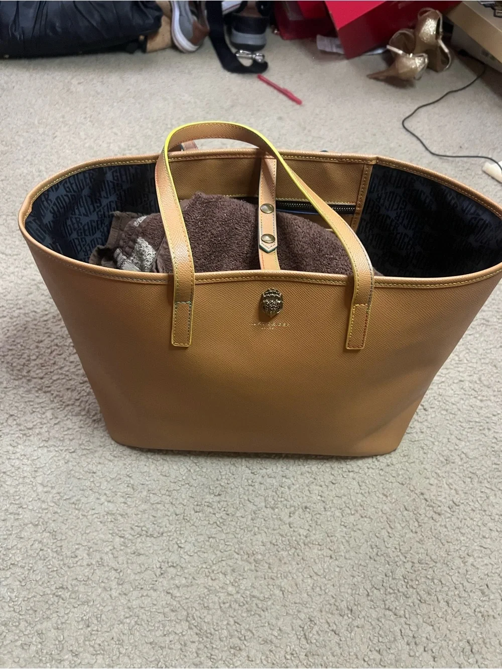 Kurt Geiger Tan Leather Tote with Gold Emblem 11”X17”